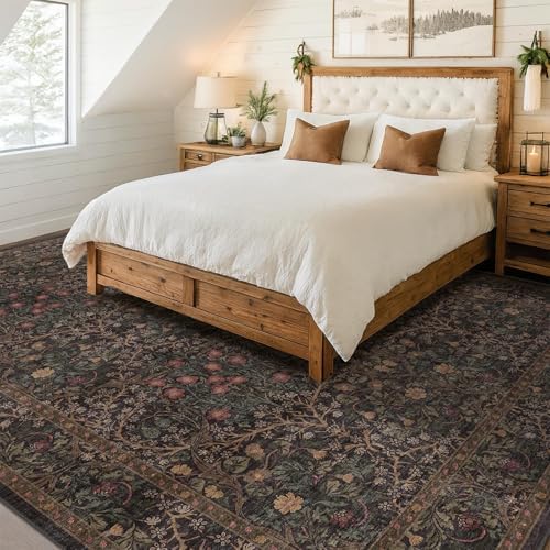 Vintage Dark Brown Living Room Rug, 7x10 Washable Area Rugs for Dining Room Under Table, Bedroom, Oriental Low Pile Stain Resistant Non-Slip Thin Soft Carpet - Image 3