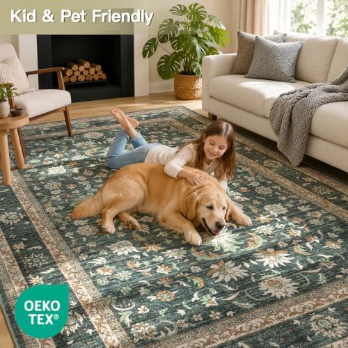 Lofus Washable Rugs for Living Room Bedroom 9 x 12, Vintage Floral Green - Image 3