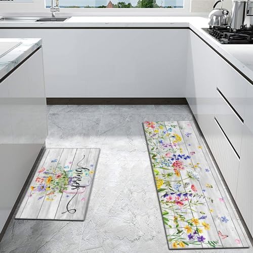 Spring Kitchen Rug Set of 2,Non-Slip Washable Kitchen Mats,Wood Grain Floral Kitchen Mats,Spring and Summer Holiday Decorations for Home Kitchen,17x30+17x47 Inch - Image 2