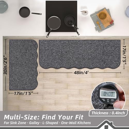 BEQHAUSE Kitchen Rugs Set of 2 Scalloped Edge, 17x30+17x48 in, Charcoal - Image 2