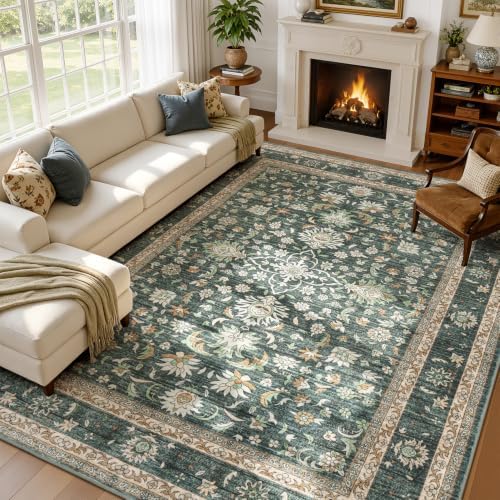 Lofus Washable Rugs for Living Room Bedroom 8 x 10, Vintage Floral Green by Lofus