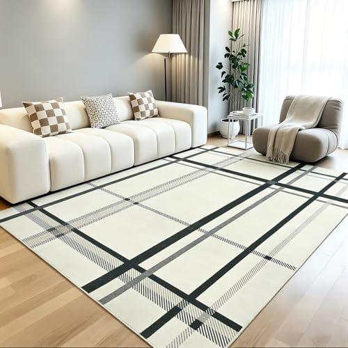 Terrug Beige Striped Checkered Rug for Living Room, 5x7 Washable Area Rugs by TerrugHomeDecor