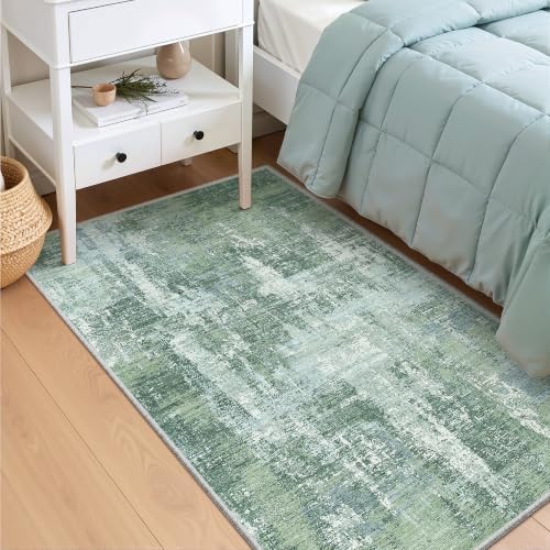 Valenrug 4x6 Area Rug, Abstract Small Washable Bedroom Rug, Sage Green - Image 3