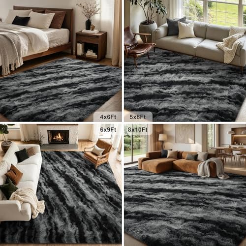 6x9 Non-Slip Fluffy Area Rugs For Living Room (Tie-dye Striped Black) - Image 7
