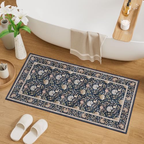 DUKINO 2x4 Rug, Washable Vintage Floral Entryway Rug Non Slip, Navy Blue - Image 3