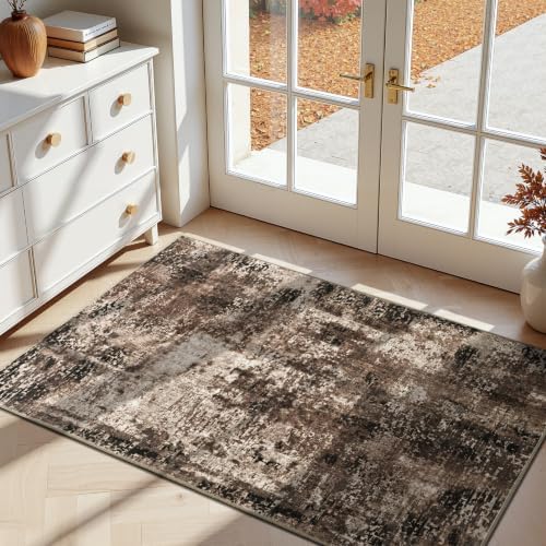 Entrance Rugs Indoor 2x4 Brown Entry Rug Washable Abstract Black Small Area Rug Non-Slip Low Pile Throw Rugs for Entryway, Kitchen Floor, Front Door Indoor Door Mat, Bathroom, Bedroom Bedside by OmpaaHomeDecor