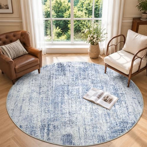 4ft Round Abstract Washable Area Rug for Living Room Blue by Cuzwlovita