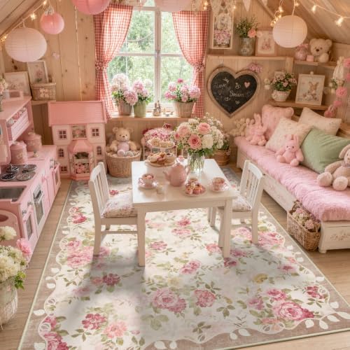 Lahome Pink Floral Nursery Rug 4x6, Low Pile Ultra-Thin Girls Bedroom Rug - Image 4