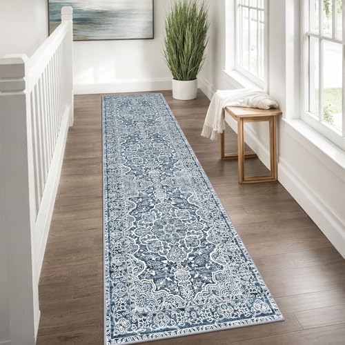 KUTA Vintage Floral Washable Runner Rug 2x8 Blue White Runners for Hallways - Image 3