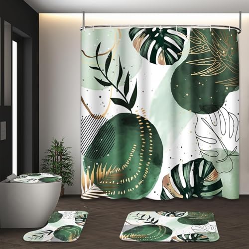 Bathroom Sets with Shower Curtain and Rugs Set of 4 Boho Sage Green by Tayney