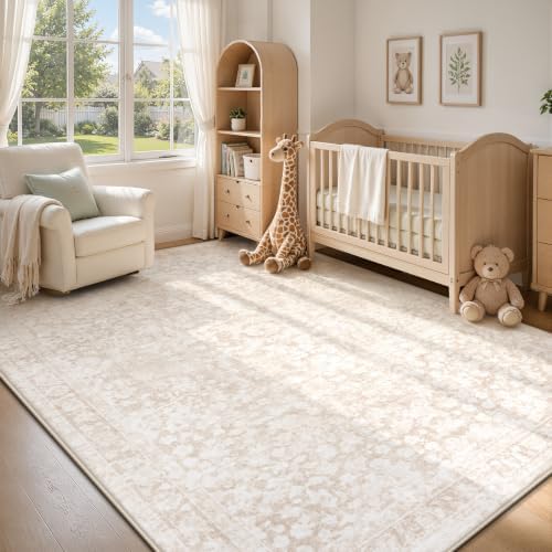 5x7 Area Rugs for Living Room: Boho Vintage Washable Rug Non-Slip Soft Stain Repellent Area Rugs Indoor Low-Pile Carpet for Bedroom Nursery Office Dining Room Playroom Farmhouse (Beige, 5'x7') - Image 3