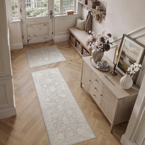 2 Piece Blue Cream Neutral Floral Kitchen Rug Set - Image 3