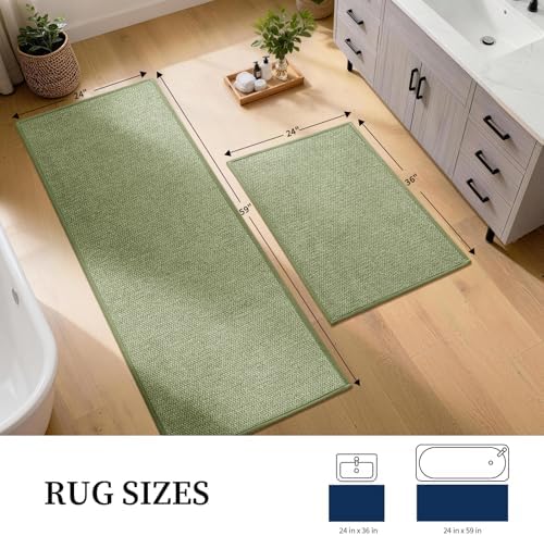 YIHOUSE Long Large Bathroom Rugs Sets 2 Piece, Quick Dry Thin Bath Mat, Non Slip Absorbent Machine Washable, Bath Runner Rug for Tub Sink Home Decor (24"x36" + 24"x59",Green) - Image 2