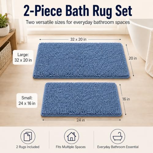 Blue Bathroom Rugs Chenille Bath Mats Set 2 Piece Extra Soft and Absorbent Shaggy Rugs, Machine Wash and Dry, Perfect Plush Bath Mats for Tub, Shower, Bathroom ​Decor, Washable Carpets Set - Image 2
