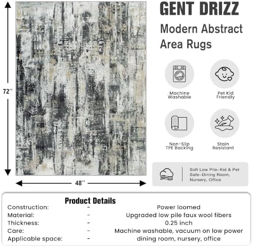 4x6 Area Rugs for Living Room: Washable Abstract Black Grey Gold Carpet - Image 2