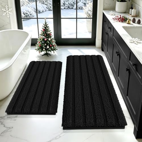 ACCUMTEK Striped Black Bathroom Rug Mat Set 2 piece 24"x17"+48"x20" Ultra Soft, Non Slip Chenille Bath Rugs, Absorbent Plush Shaggy Bath Mats for Bathroom, Bedroom, Kitchen, Shower, Tub by ACCUMTEK
