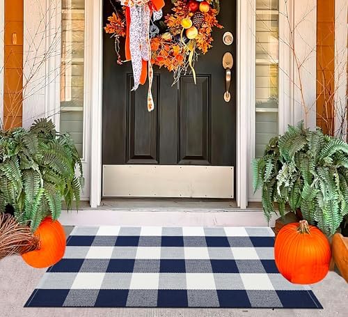 Fall Front Door Mat Outdoor 24"x35"Blue and White Buffalo Plaid Outdoor Rug by BUAGETUP