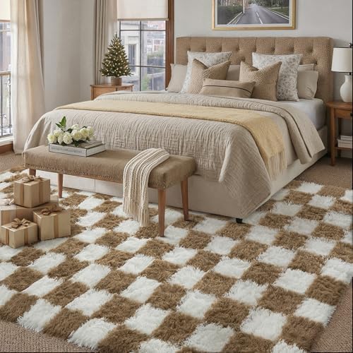 PureCozy Brown Area Rug 5x8 for Living Room Soft Checkered Shag Carpet - Image 5
