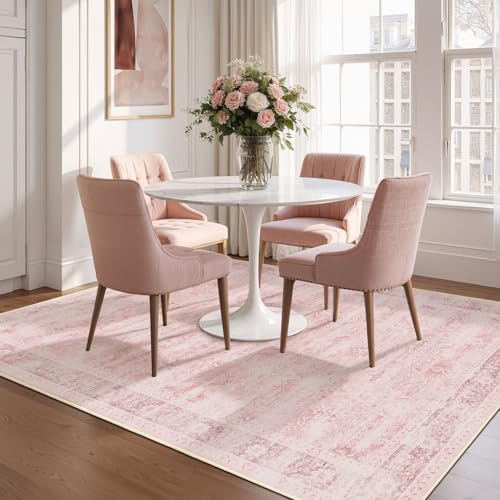 Pink Rug 5x8 for Bedroom Girls, Washable Non Slip Nursery Kids Room Rug Dorm, Aesthetic Distressed Area Rugs for Living Room, Low Pile Thin Carpet Rug for Playroom Dining Room Home Office - Image 4