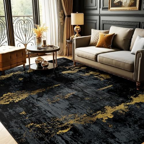 RELEANY Washable 9'x12' Abstract Area Rug for Living Room Black Gold by RELEANY