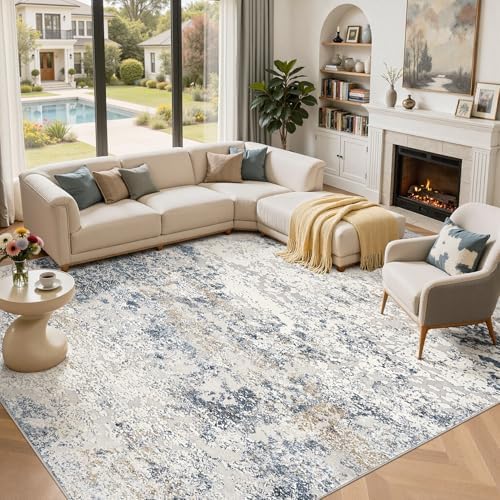 DMOYEST Area Rug Living Room Rugs 10x14 Washable Abstract Beige Blue Carpet by DMOYEST