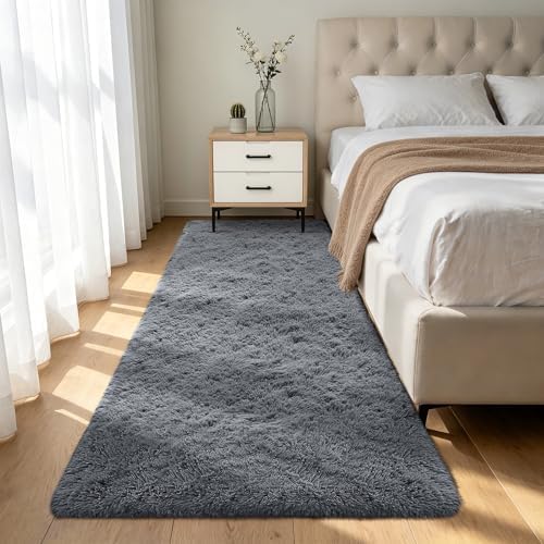 Shag Runner Rug for Bedroom Living Room 2x6 Upgrade Non-Slip Fluffy Soft Bedside Rugs,Grey Shaggy Gray Carpet for Livingroom Dorm Home Decor Aesthetic by Boshengya