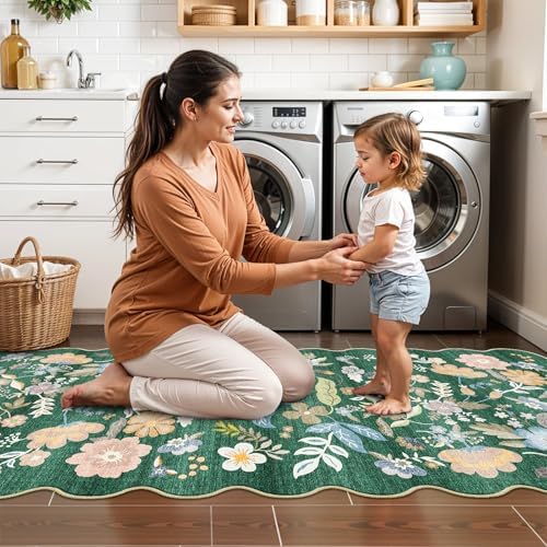 3x12 Washable Hallway Runner Rug: Floral Scalloped Kitchen Runner Rug Green - Image 7