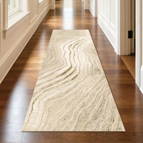 Flowing Gilded Veins 2.6x8 ft Cream Gold Runner Rug for Hallway Entryway by Unknown