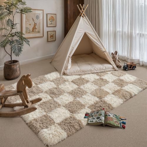 PureCozy Beige 4x6 Area Rug for Kids Room Soft Fluffy Checkered Shag Carpet by PureCozy
