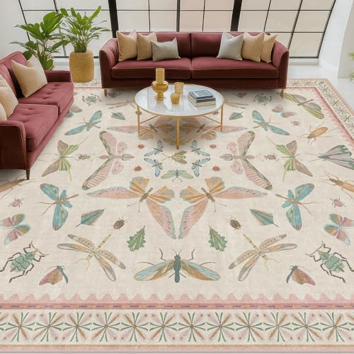 Hazo Haus 7x9 Cute Insect Rugs for Girls Bedroom - Pink and Blue Washable Floral Living Room Rugs, Dining Room Under Table, Insect Print Whimsical Indoor Décor, Low Pile & Soft - Image 6