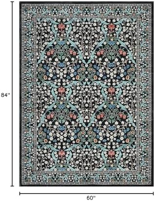GarveeHome Floral Area Rugs 5x7, Washable Rug for Living Room, Bedroom, Low Pile Non Slip Stain Resistance Indoor Boho Carpet Mat for Farmhouse, Dining Room, Office, Black - Image 2