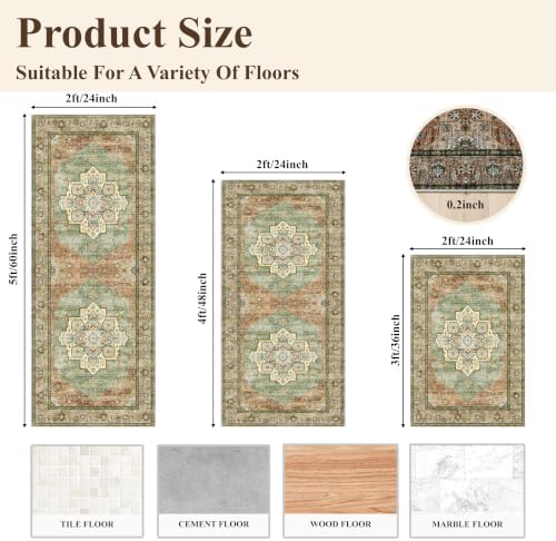 Boho Kitchen Rug Set of 3: Non-Skid Washable Kitchen Mats for Floor Soft Low Pile Kitchen Rugs and Runner for Entryway Bathroom Hallway Indoor Small Carpet Home Decor for Laundry (Green,2x3+2x4+2x5) - Image 2