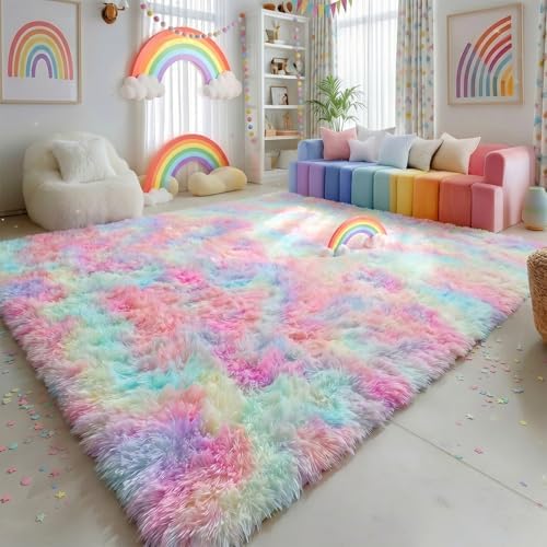 Amdrebio Rainbow Unicorn Large Fuzzy Rug 8x10 for Living Room Girls Bedroom - Image 4
