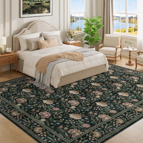 DUKINO 9x12 Area Rug for Living Room Vintage Floral Washable Rug Dark Green - Image 3