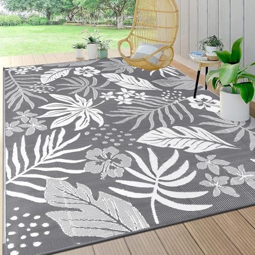 Pauwer Waterproof Outdoor Rug 8x10, Plastic Straw Patio Rug, Floral Grey by Pauwer