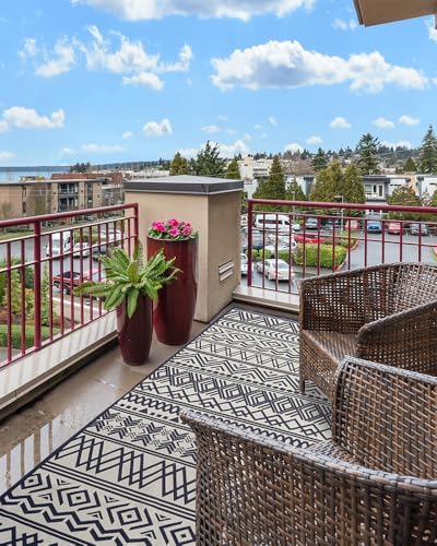Outdoor Rug Carpet 5x8 ft, Flatweave Textured Outdoor Patio Rug Non Slip Indoor Outdoor Rugs with Rubber Particles Backing Boho Outdoor Area Rug for Patio Deck Front Porch Backyard Balcony, Navy - Image 5