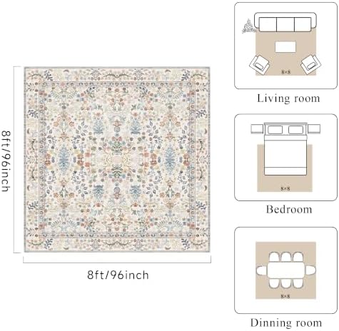 Vintage 8x8 Square Area Rug: Washable Boho Rug Soft Low-Pile Carpet Beige - Image 2