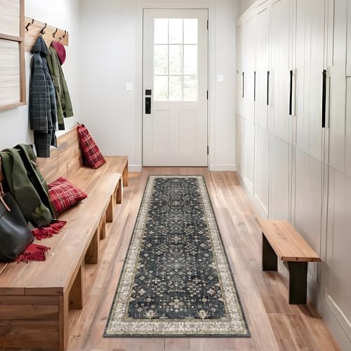 Black 2x7 Long Runner Rugs for Entryway, Throw Runners for Kitchen Hallway, Boho Vintage Floral Decor & Non-Slip Low-Pile Washable Stain Resistant Ashen Charcoal Rug by HazoHaus