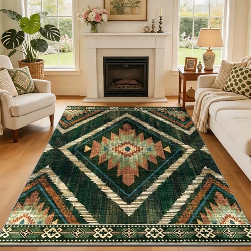 4x6Ft Boho Area Rugs Non Slip, Green Washable Rug for Living Room, Soft Bedroom Carpet, Low Pile Moroccan Entryway Area Floor Carpets for Dining Room Kids Nursery Farmhouse by Geanlod