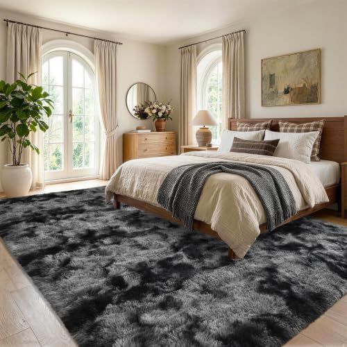 4'x5'3'' Tie-dye Dark Grey Fluffy Area Rug Non-Slip for Bedroom Living Room - Image 3
