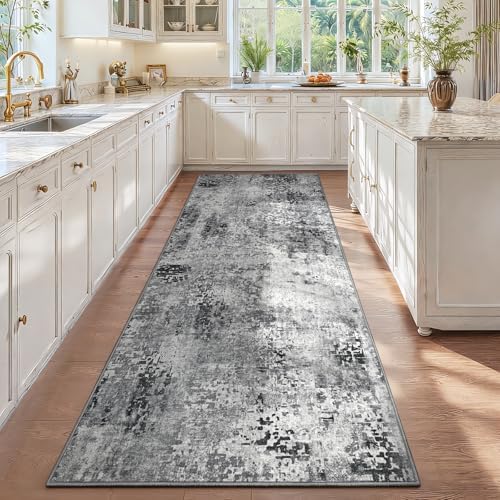 2.6x12 Grey Rug Runners for Hallways Kitchen Runner Rug Non Slip Washable Black Long Runner Rugs with Rubber Backing Soft Abstract Carpet Runner for Bedroom, Kitchen, Bathroom, Entryway - Image 4