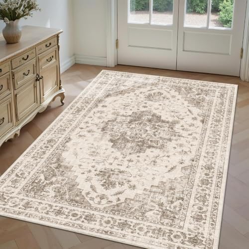 4x6 Washable Bedroom Area Rug Non-Slip Medallion Taupe Throw Carpet - Image 2