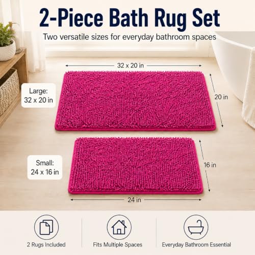 Hot Pink 2 Piece Bathroom Set Chenille Rugs Mat for Kitchen/Living Room - Image 2