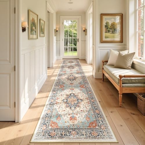 RELEANY Washable Area Rug, Runner 2'x9', Beige/Blue/Orange by RELEANY