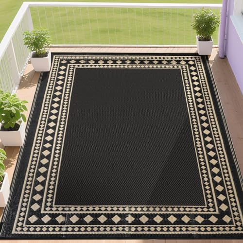 RURALITY Outdoor Rugs 6x9 Waterproof for Patios Clearance,Plastic Straw Mats for Backyard,Porch,Deck,Balcony,Black and Beige by RURALITY