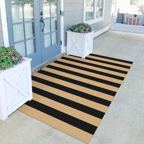 KILOCOCO Striped Rug 4x6 ft Washable Woven Front Door Rug, Brown and Black by Kilococo