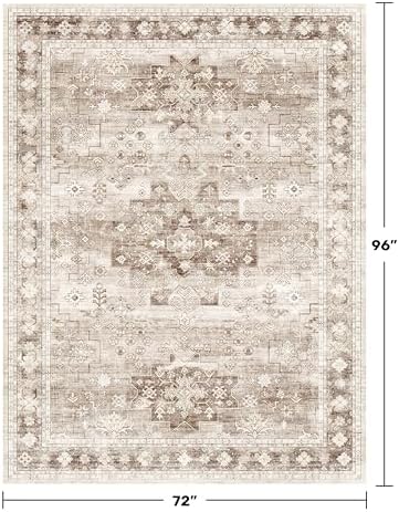 Washable Boho 6x8 Area Rug for Living Room - Vintage Beige Dining Room Rug Under the Table, Low Pile Non-Slip Rugs for Bedroom, Office - Charming Geometric Decor & Stain Resistance (6x8 Beige/Latte) - Image 2