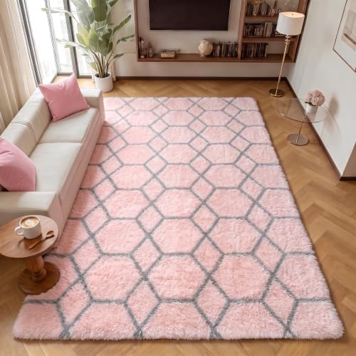 Area Rugs for Living Room, 5x8 Fluffy Pink and Grey Bedroom Geometric Rug - Image 5