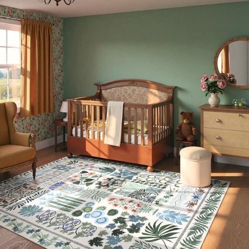 Zealude Floral Boho 5x7 Area Rugs for Bedroom Living Room, Botanical Soft Dining Room Rug, Large Non Slip Stain Resistant Indoor Throw Carpet for Entryway Kitchen Office Playroom (Beige,5 x 7) - Image 3