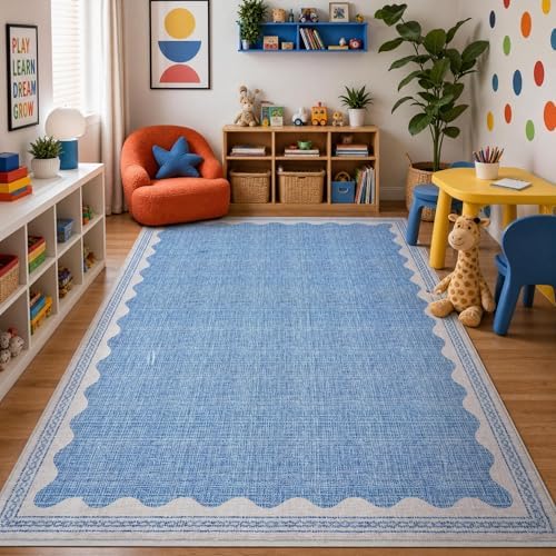 GarveeHome Scalloped 3x5 Area Rug Washable Non-Slip Low-Pile Indoor Rugs for Entryway Solid Blue Modern Minimalism Carpet for Bedroom Living Room Kitchen Bathroom Door Mat - Image 4